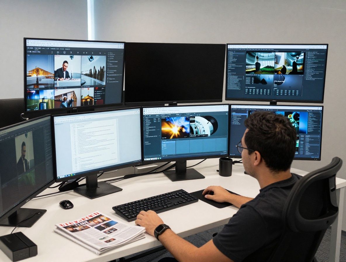 Редакция журнала Nexari за работой в современном медиа-офисе в Алматы с несколькими экранами и технологическим оборудованием