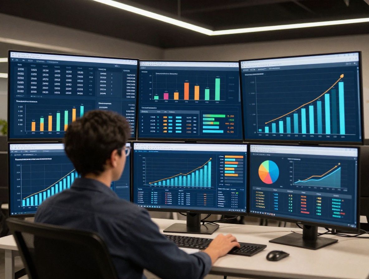 Дата-аналитик изучает интерактивные графики и дашборды на больших мониторах в аналитическом центре