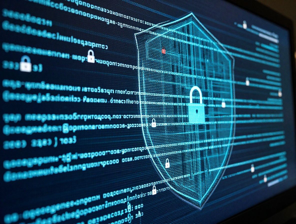 Абстрактная визуализация кибербезопасности с кодом, щитом и цифровыми замками на тёмном фоне