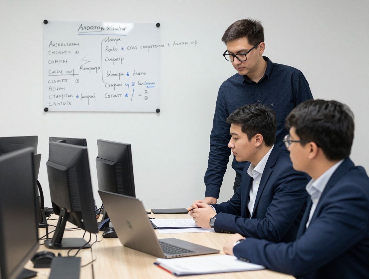 Молодые казахстанские предприниматели в современном коворкинге обсуждают технологический стартап проект у доски