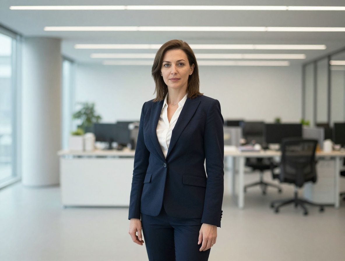 Алия Нурланова — главный редактор журнала Nexari, женщина в деловом костюме на фоне технологического офиса