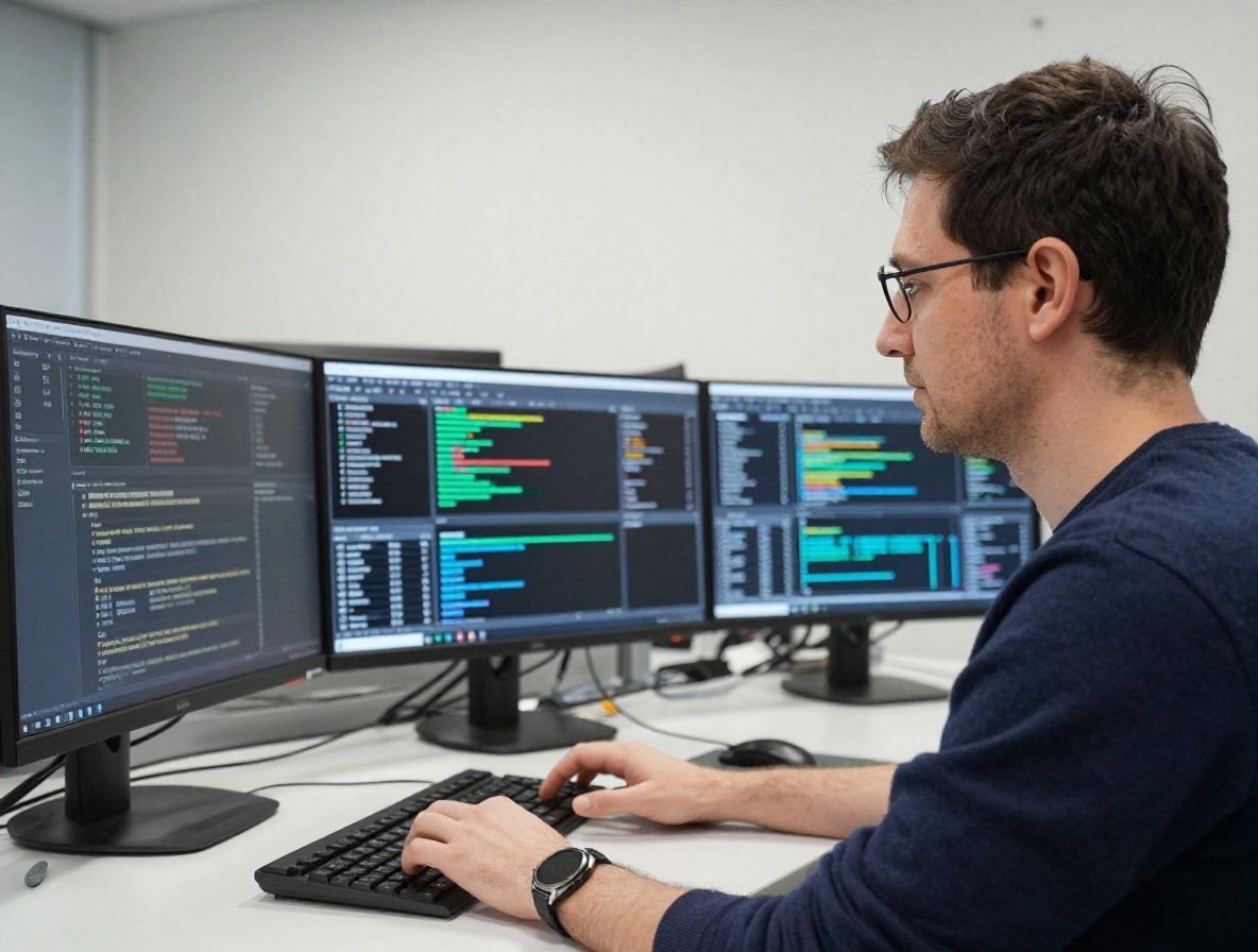 Нурлан Байжанов — исследователь искусственного интеллекта, мужчина-учёный в лабораторном окружении с экранами данных