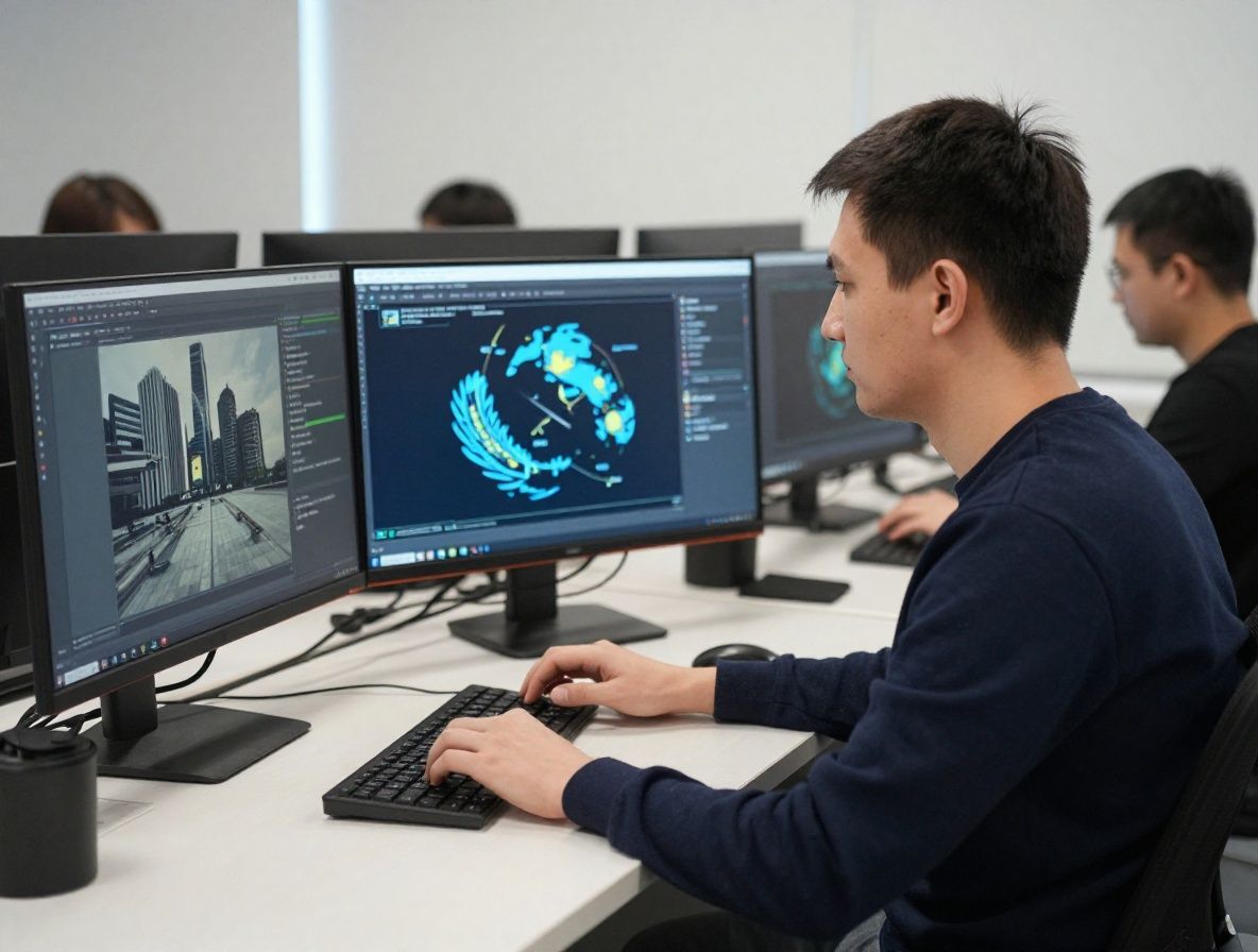 Алматинский IT-специалист работает с интерфейсом искусственного интеллекта на нескольких мониторах в современном офисе