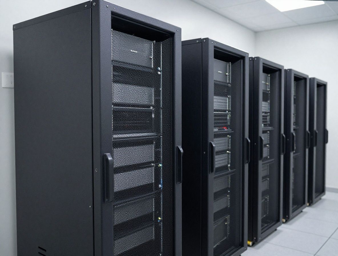 Современный цифровой дата-центр с синими светодиодными серверными стойками и голубым неоновым освещением